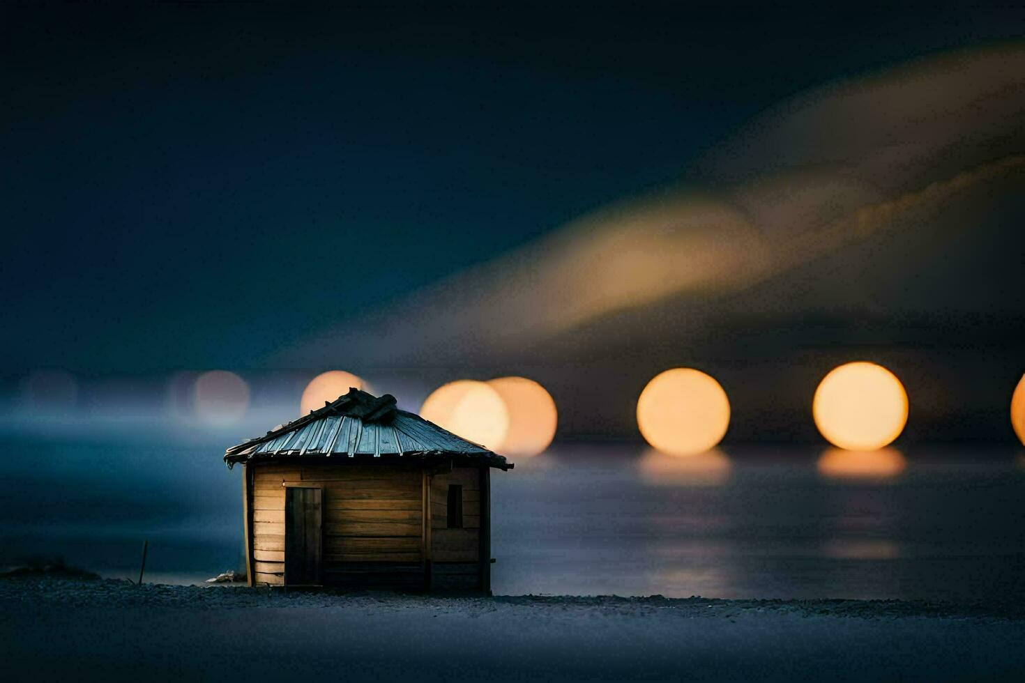 a small house on the beach at night. AI-Generated photo