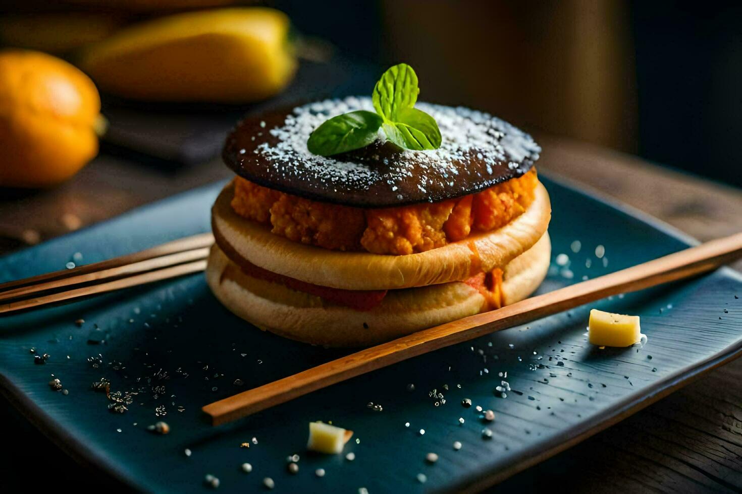 a sandwich with a slice of lemon and a slice of orange. AI-Generated photo