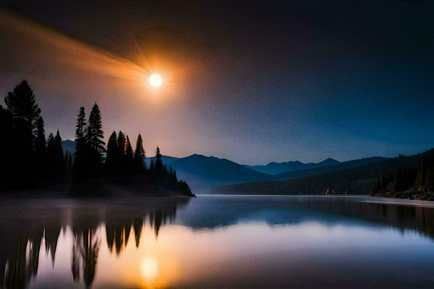 the moon rises over a lake and mountains. AI-Generated photo