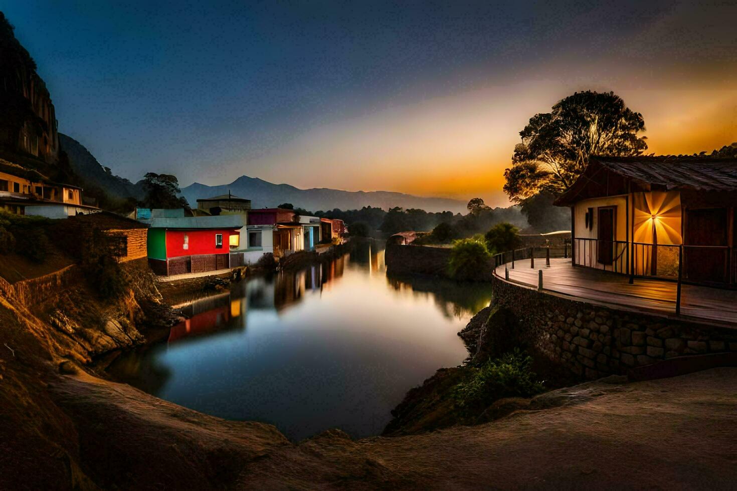 a river in the mountains at sunset. AI-Generated photo