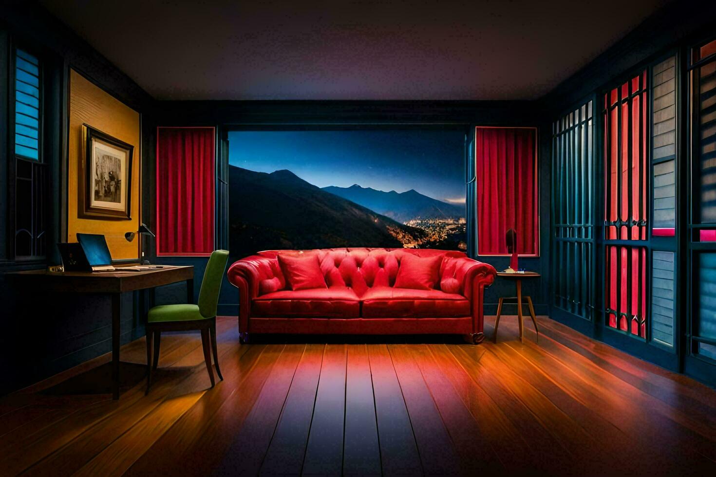 a red leather couch sits in front of a window with mountains in the background. AI-Generated photo
