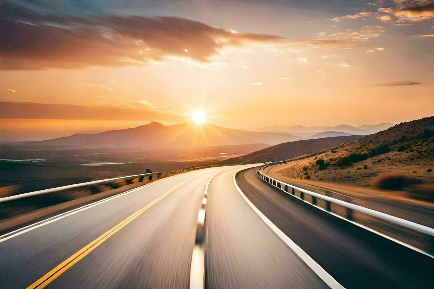 a highway with the sun setting behind it. AI-Generated photo