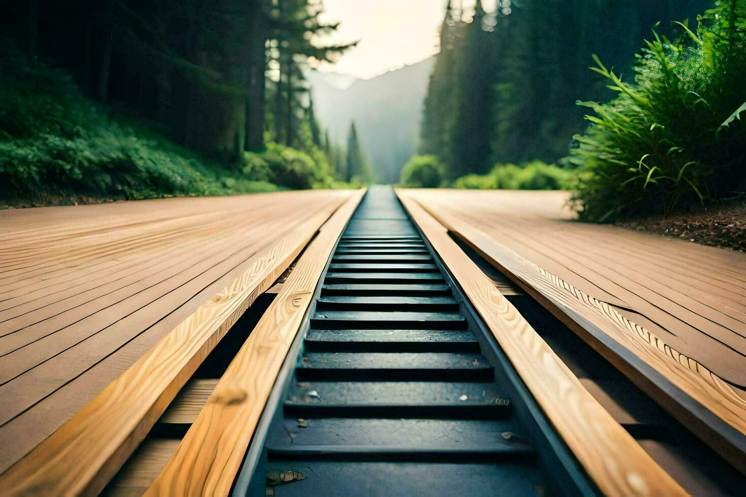 a train track in the forest. AI-Generated photo