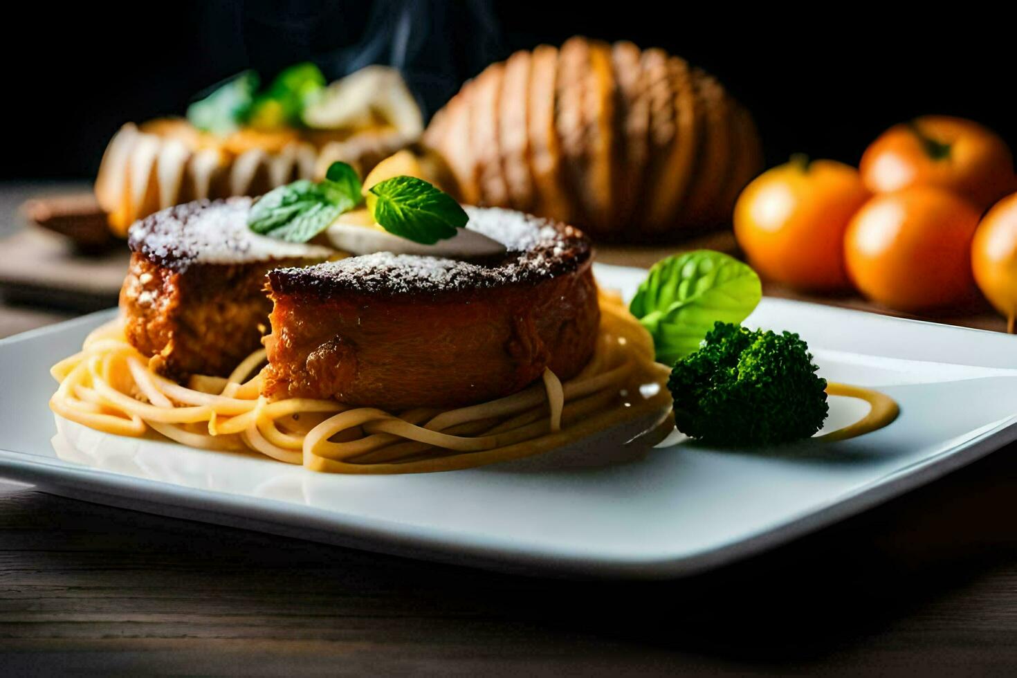 a plate with spaghetti and a dessert on it. AI-Generated photo