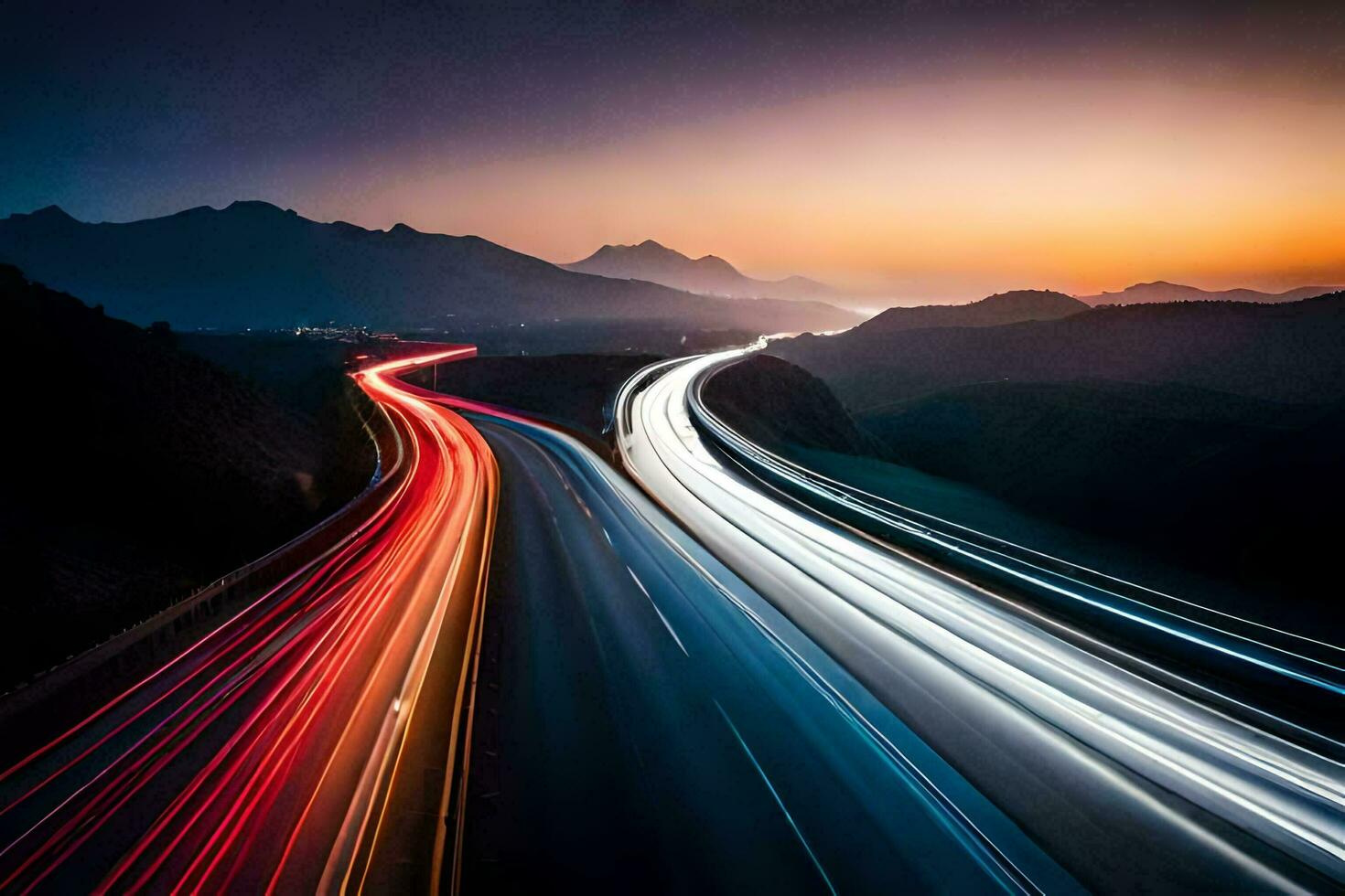 a long exposure photograph of a highway at sunset. AI-Generated photo