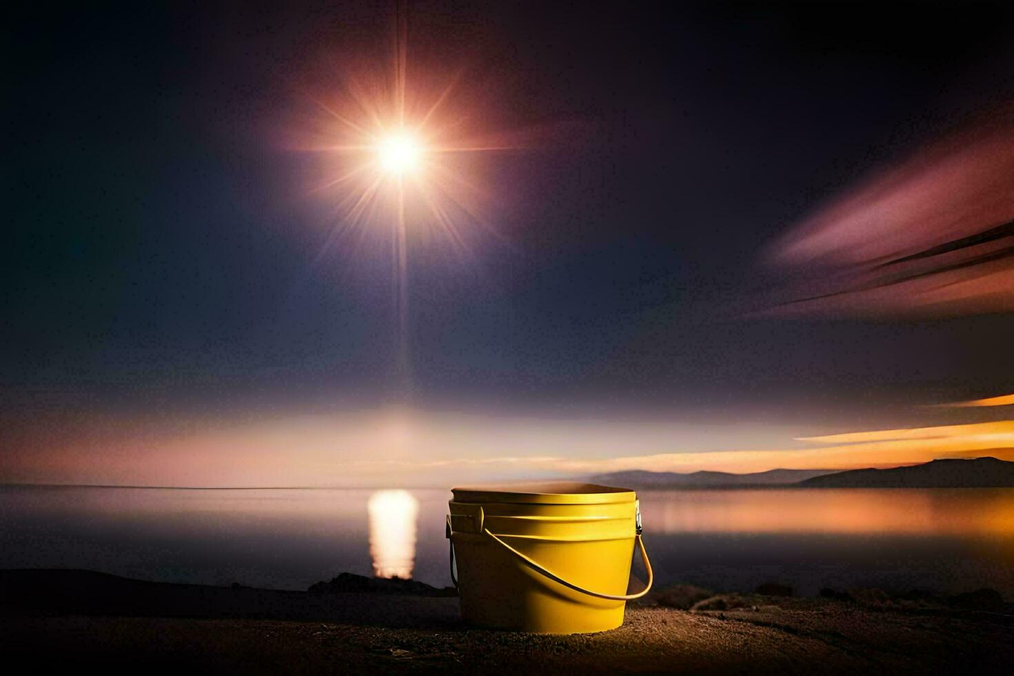 a bucket sitting on the beach at night. AI-Generated photo