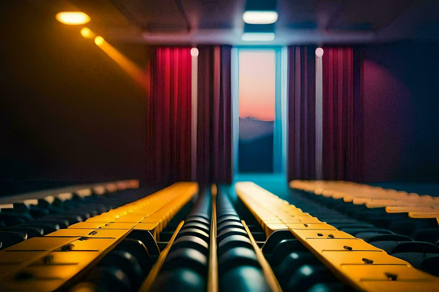 a theater with rows of seats and a window. AI-Generated photo