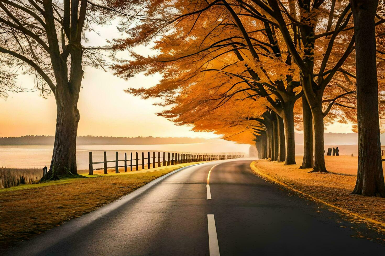 an empty road lined with trees in the fall. AI-Generated photo