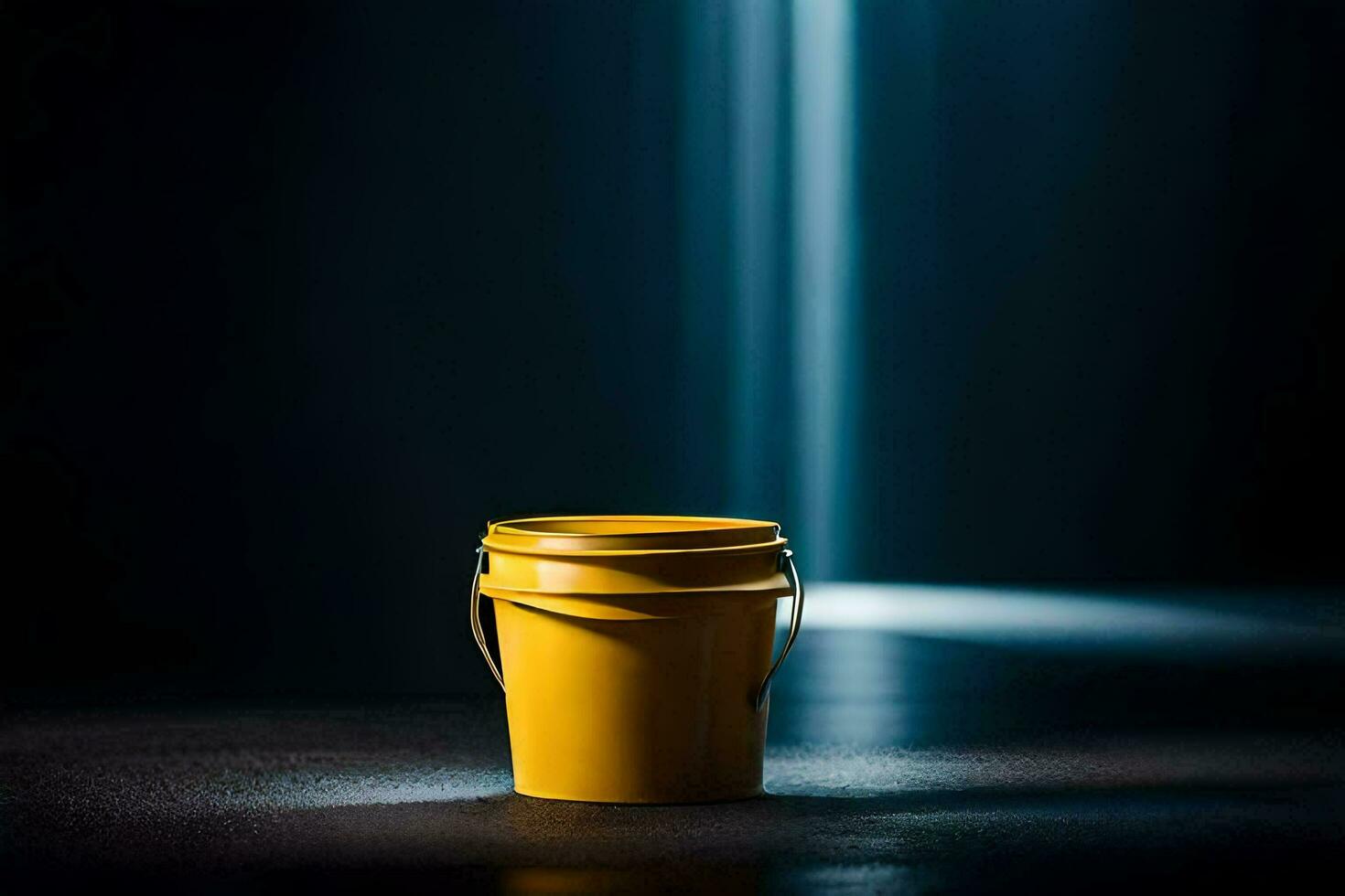 a yellow bucket sitting on a dark floor. AI-Generated photo