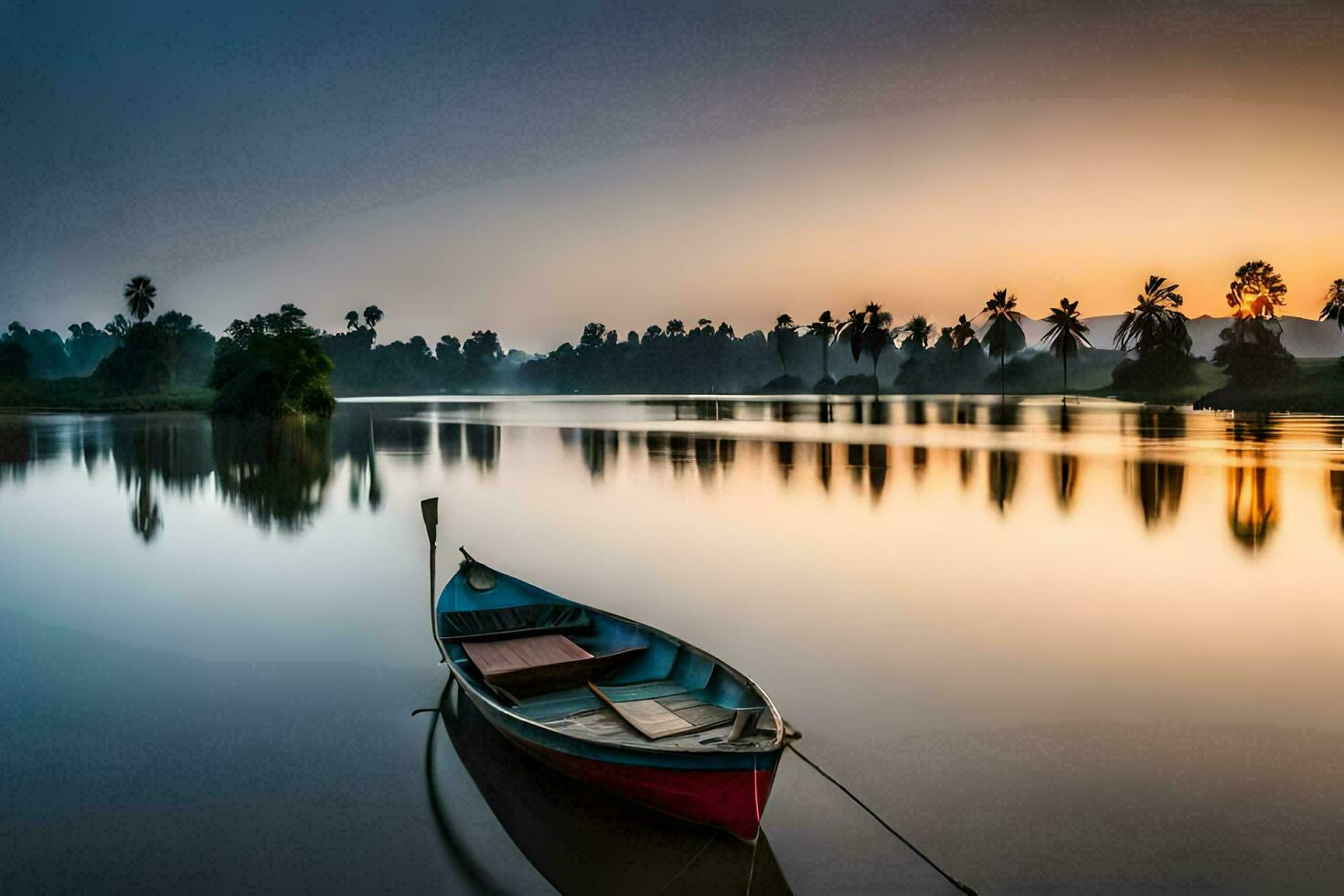 a boat sits on the water at sunset. AI-Generated photo