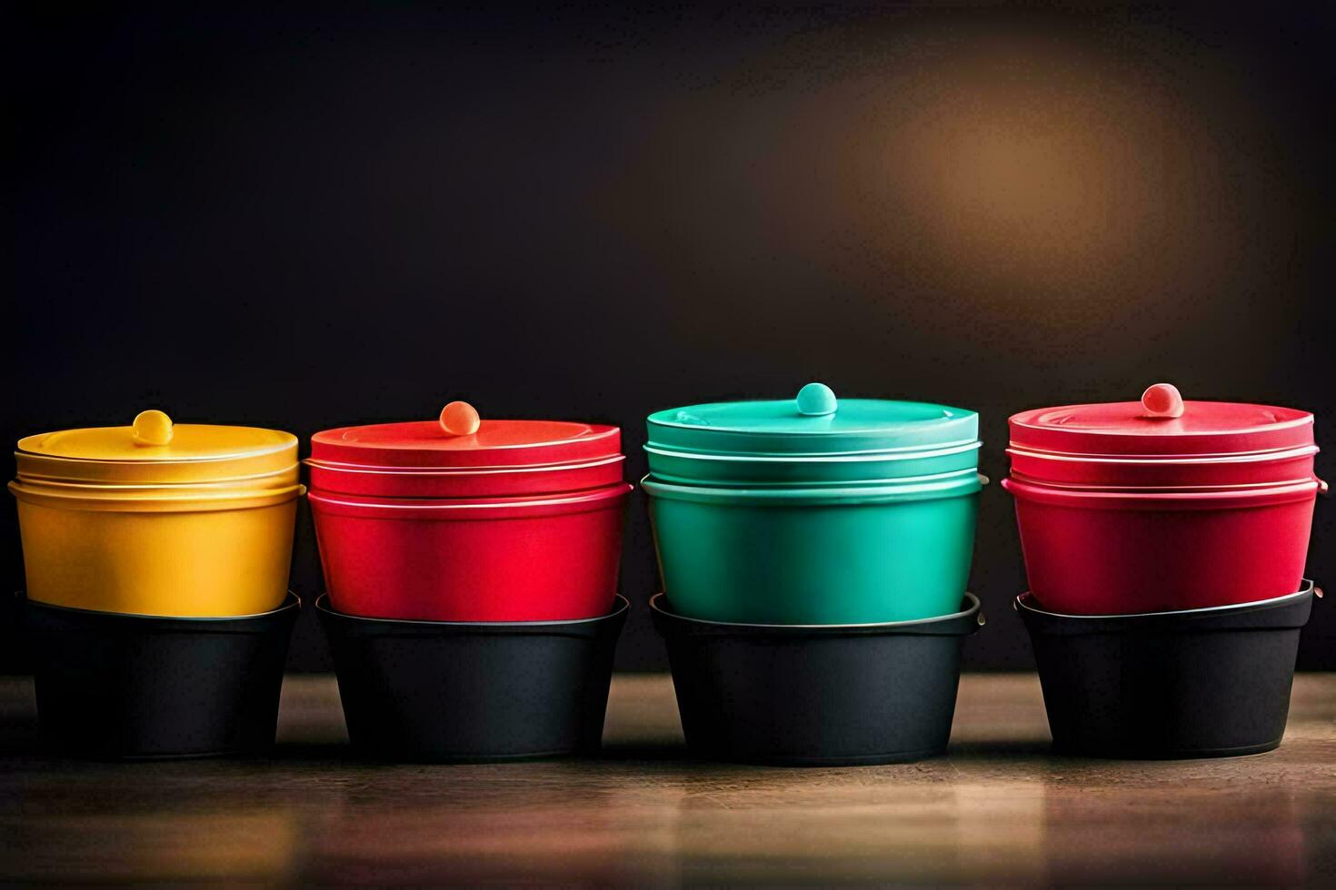 a row of colorful cups on a table. AI-Generated photo