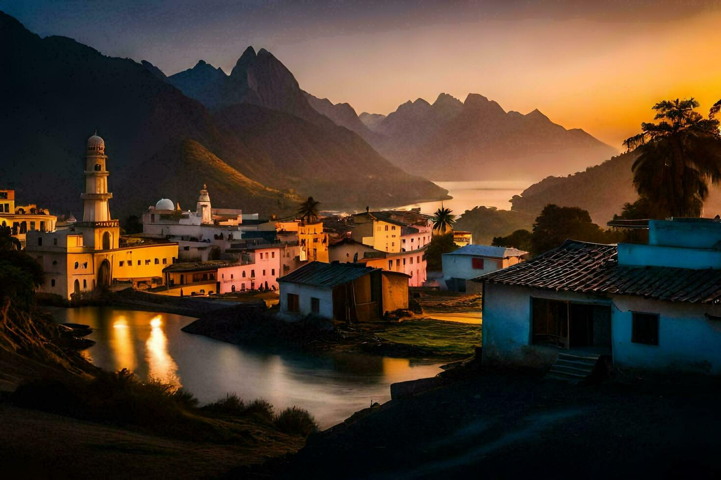 a village at sunset with mountains in the background. AI-Generated photo