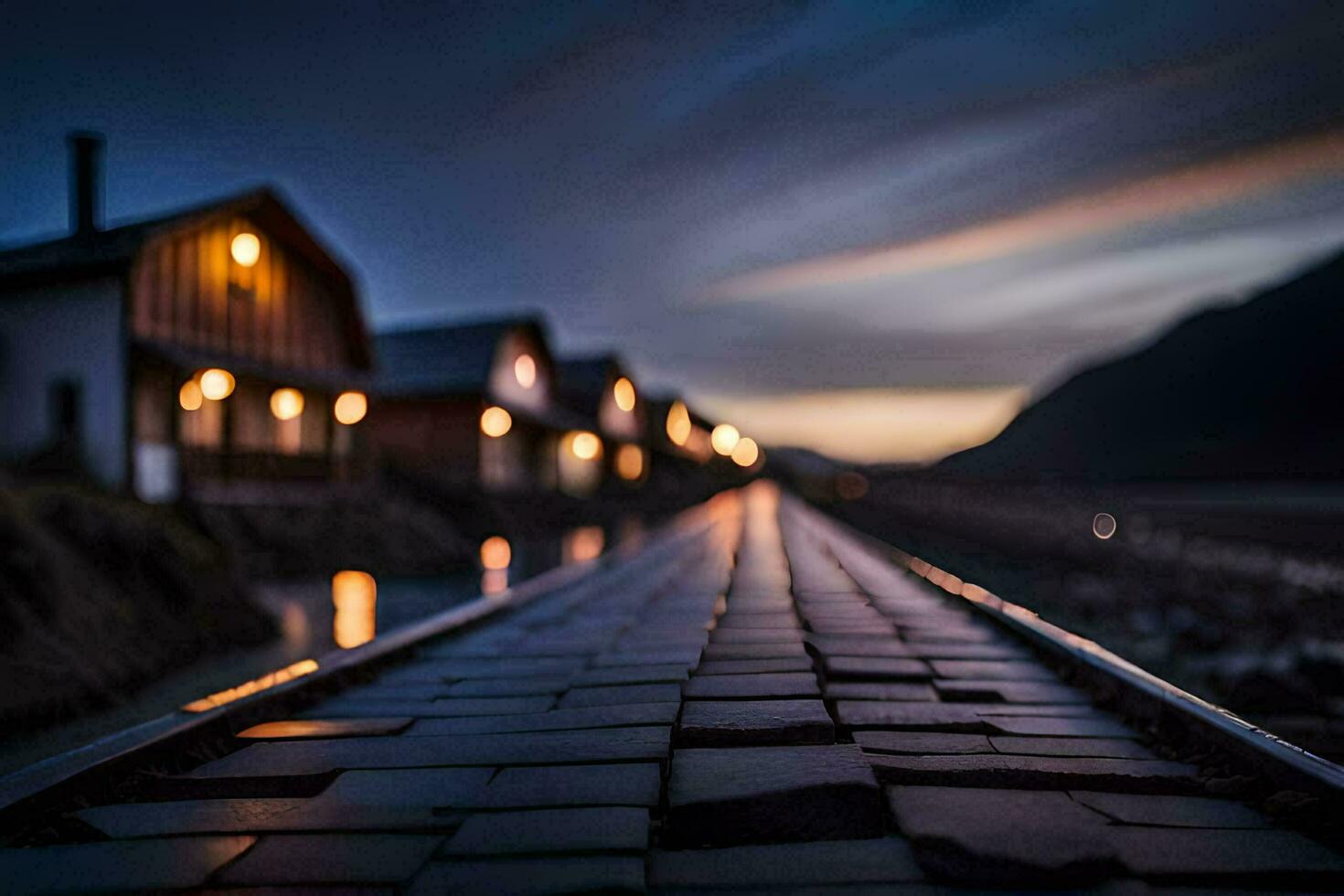 a long, dark road with houses on either side. AI-Generated photo