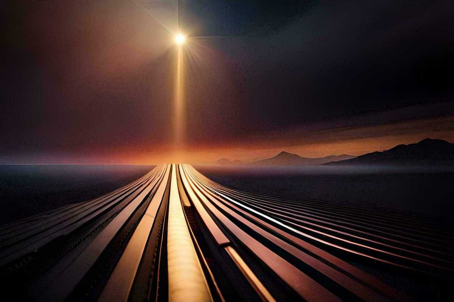 a train track with a bright light shining above it. AI-Generated photo