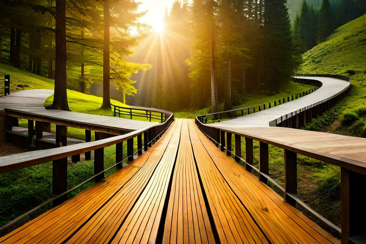 a wooden walkway in the middle of a forest. AI-Generated photo