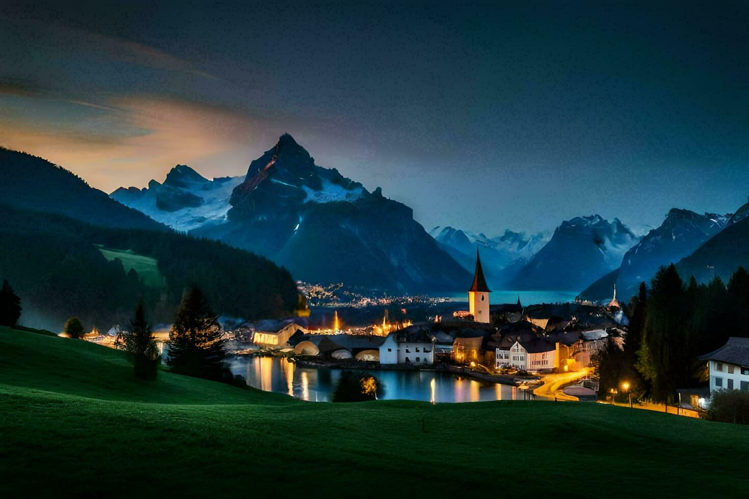 el pueblo de Suiza a noche. generado por ai foto