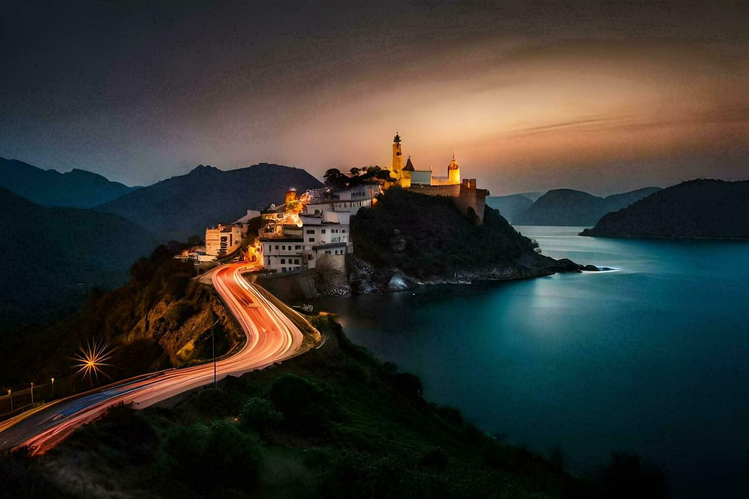 un castillo se sienta en parte superior de un colina con vista a el océano. generado por ai foto