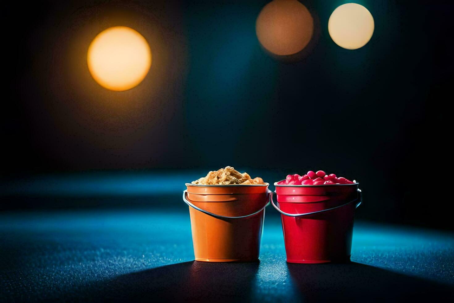 two buckets of popcorn on a dark table. AI-Generated photo