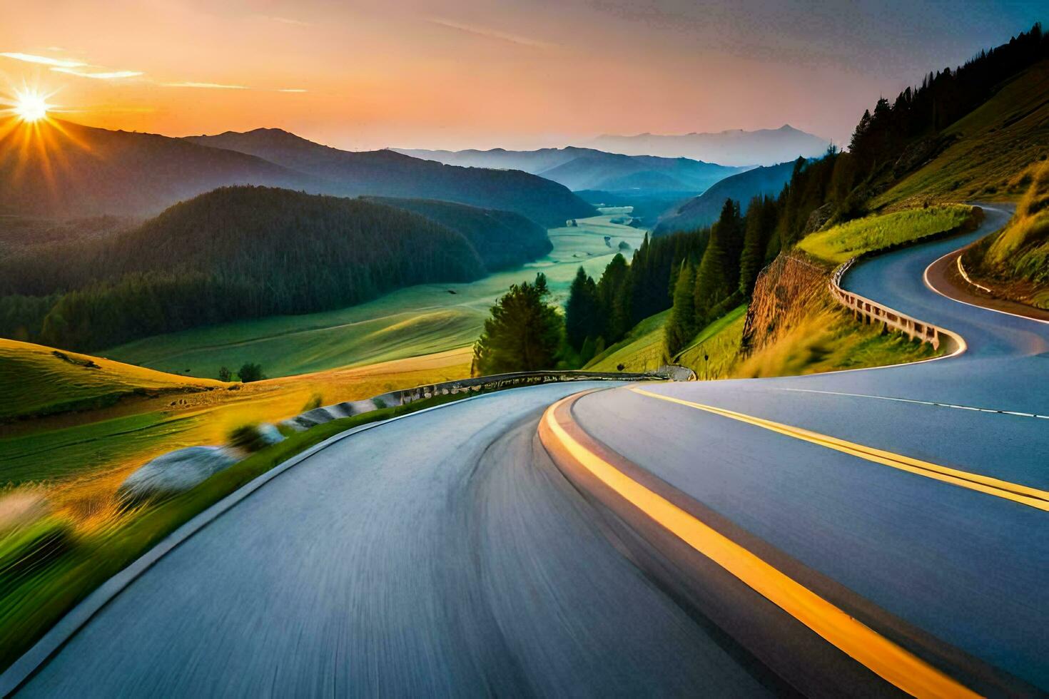 un devanado la carretera en el montañas con el Dom ajuste. generado por ai foto