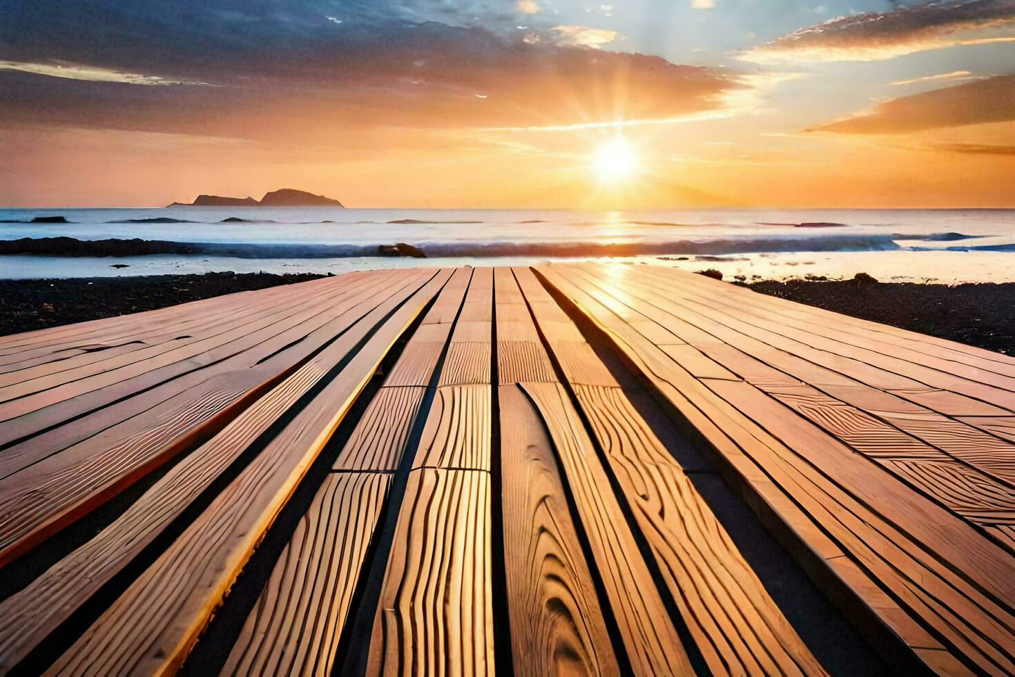 a wooden boardwalk leads to the ocean at sunset. AI-Generated photo