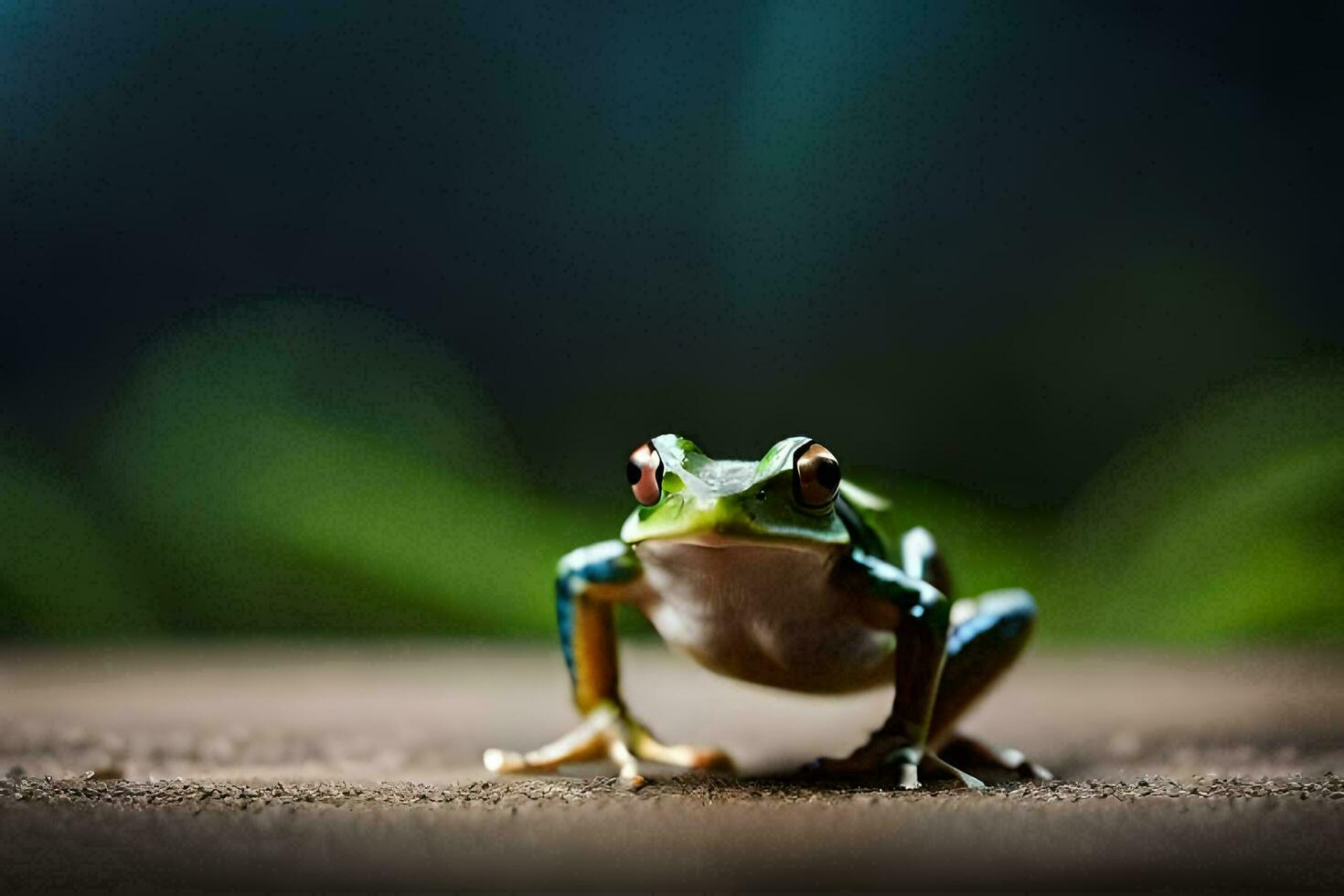 a frog sitting on the ground with a green background. AI-Generated photo