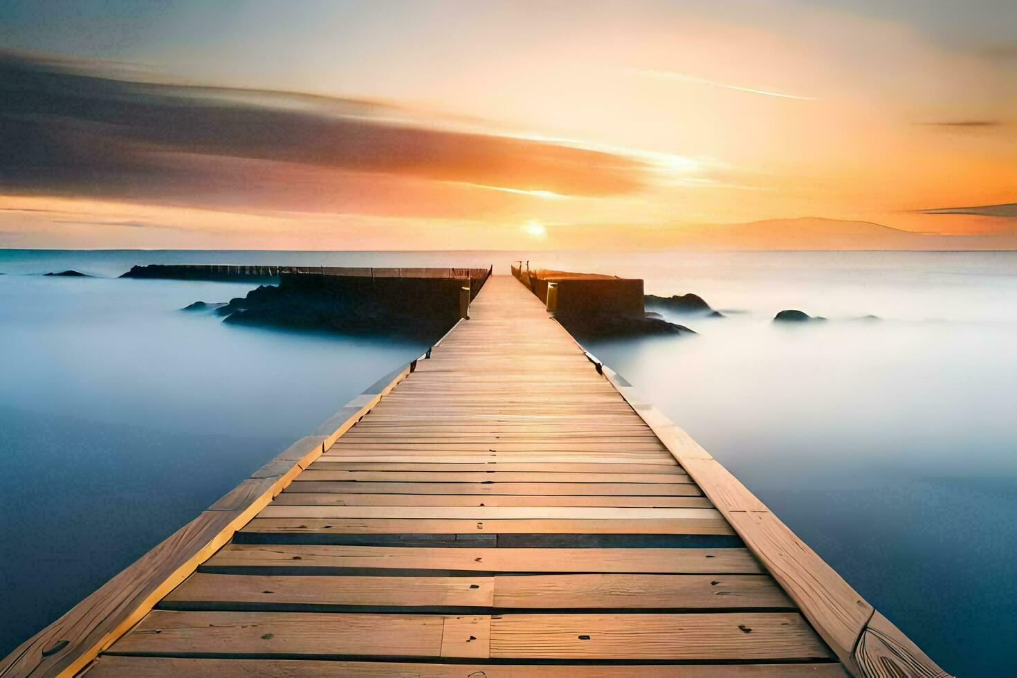 a wooden bridge leads to the ocean at sunset. AI-Generated photo