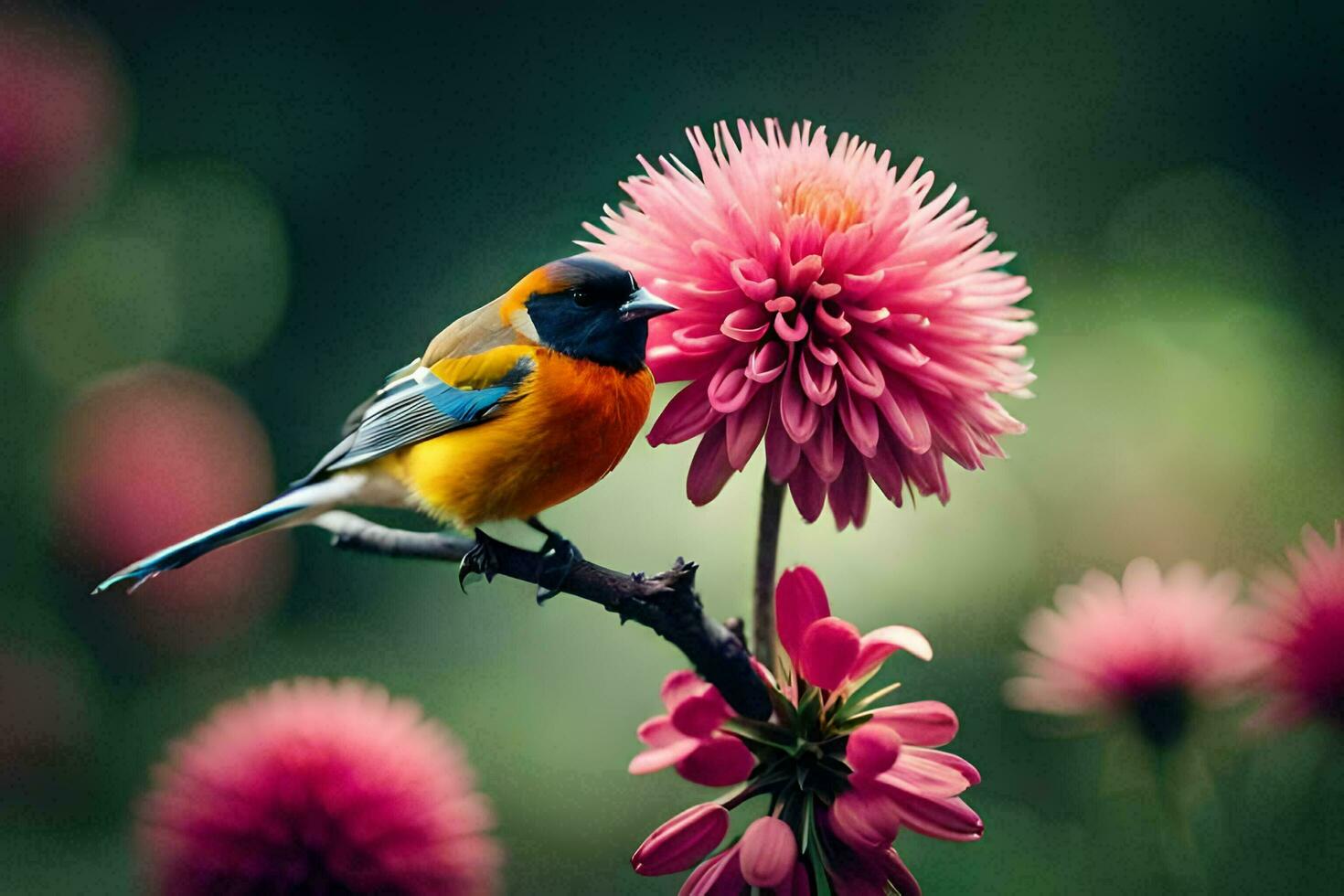 a colorful bird sits on a pink flower. AI-Generated photo