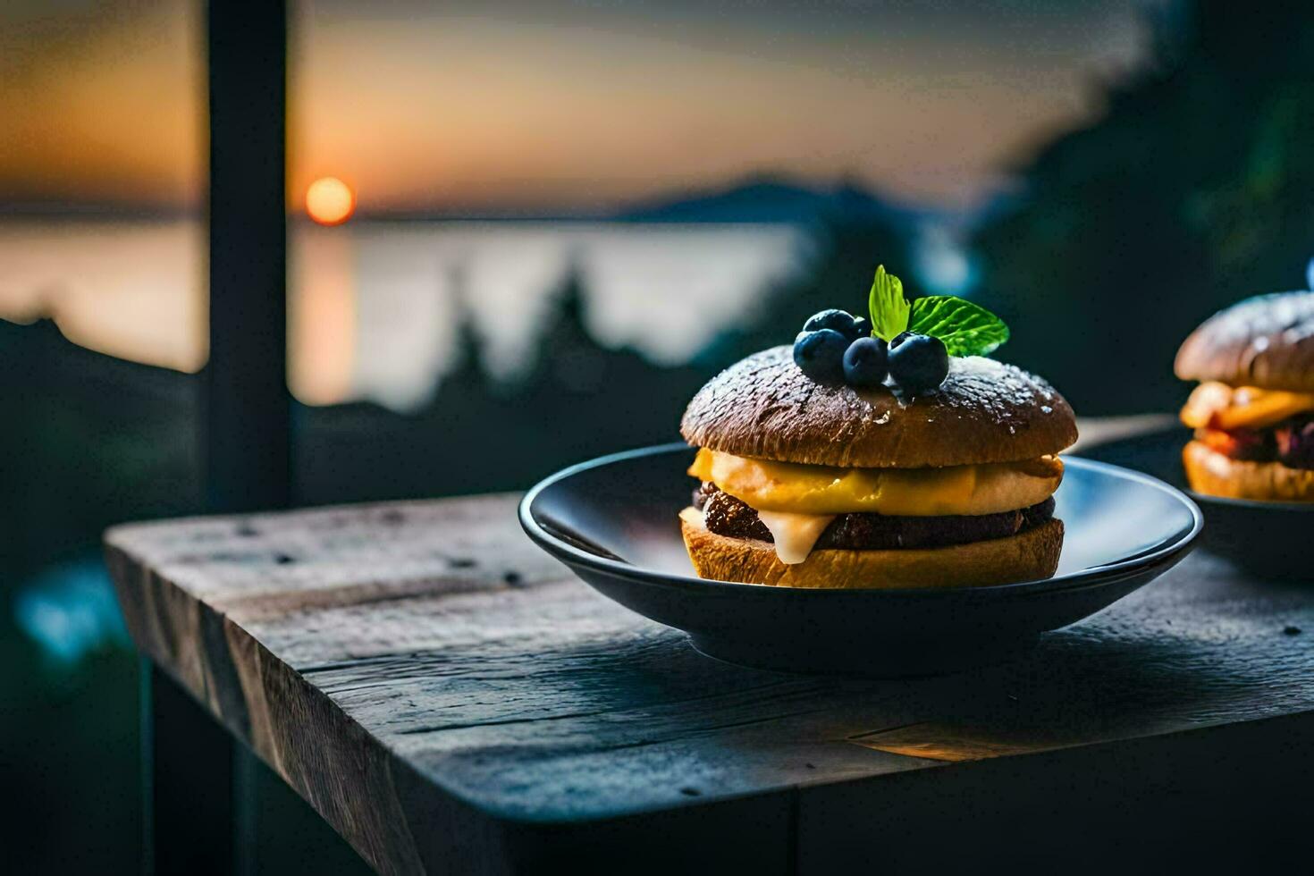 dos hamburguesas en un de madera mesa con un puesta de sol en el antecedentes. generado por ai foto