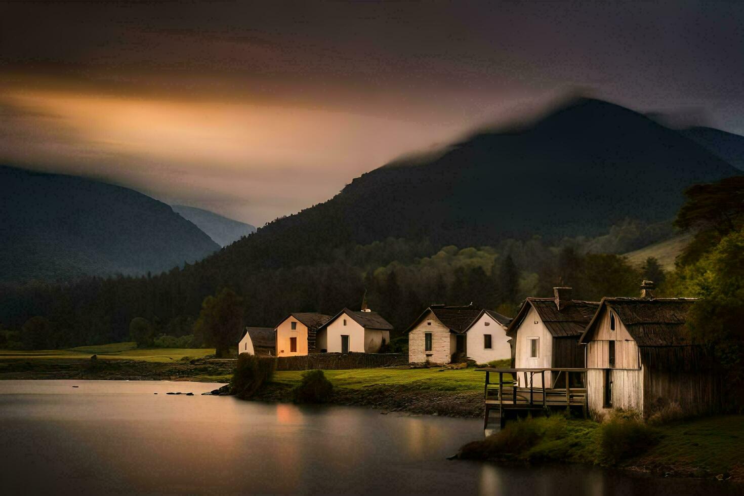 photo wallpaper the sky, mountains, water, the lake, the house, the village, the. AI-Generated
