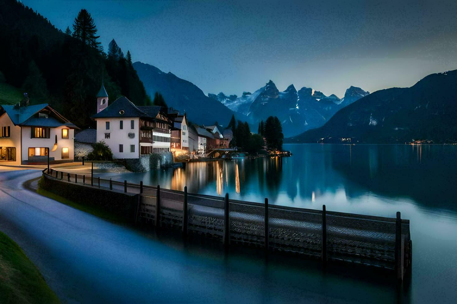 un lago y un montaña pueblo a noche. generado por ai foto