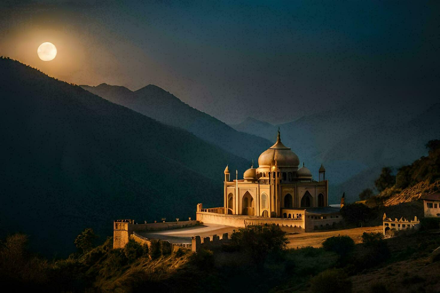 el taj mahal en el montañas a noche. generado por ai foto