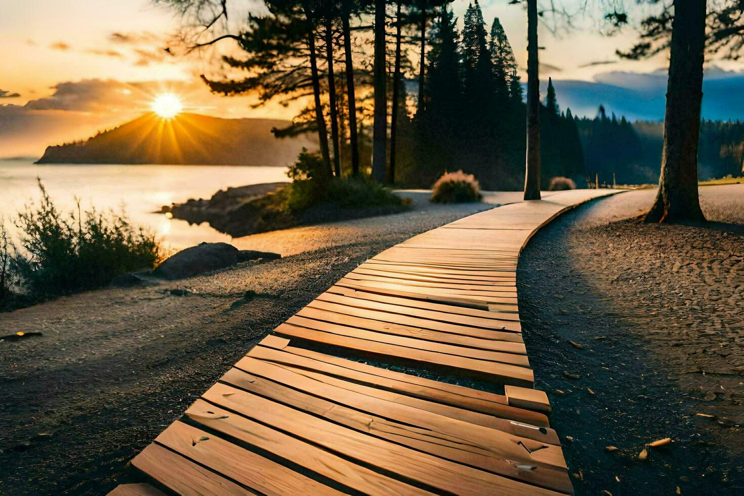 a wooden path leads to the water at sunset. AI-Generated photo