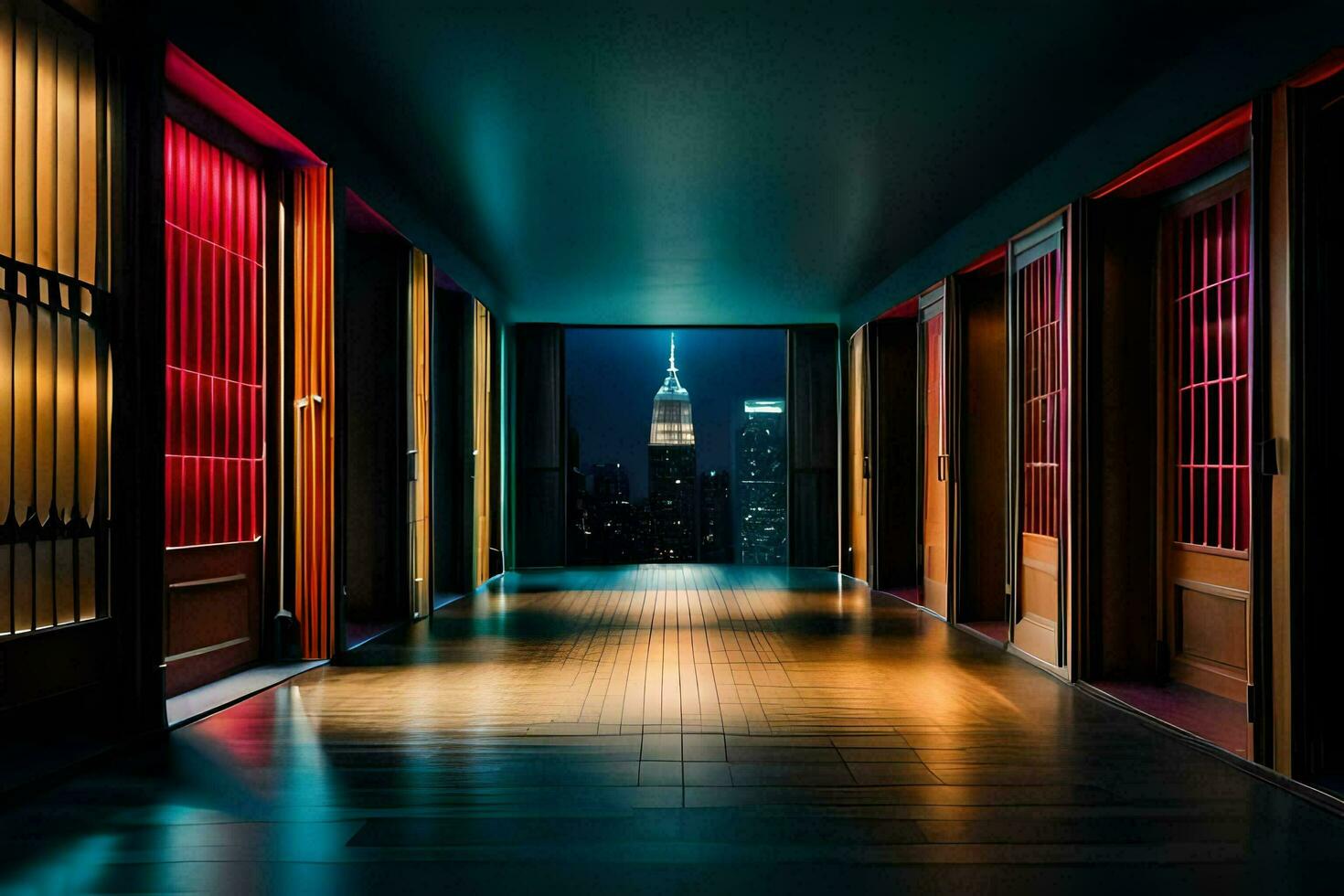 a hallway with red and blue walls and a view of the empire state building. AI-Generated photo