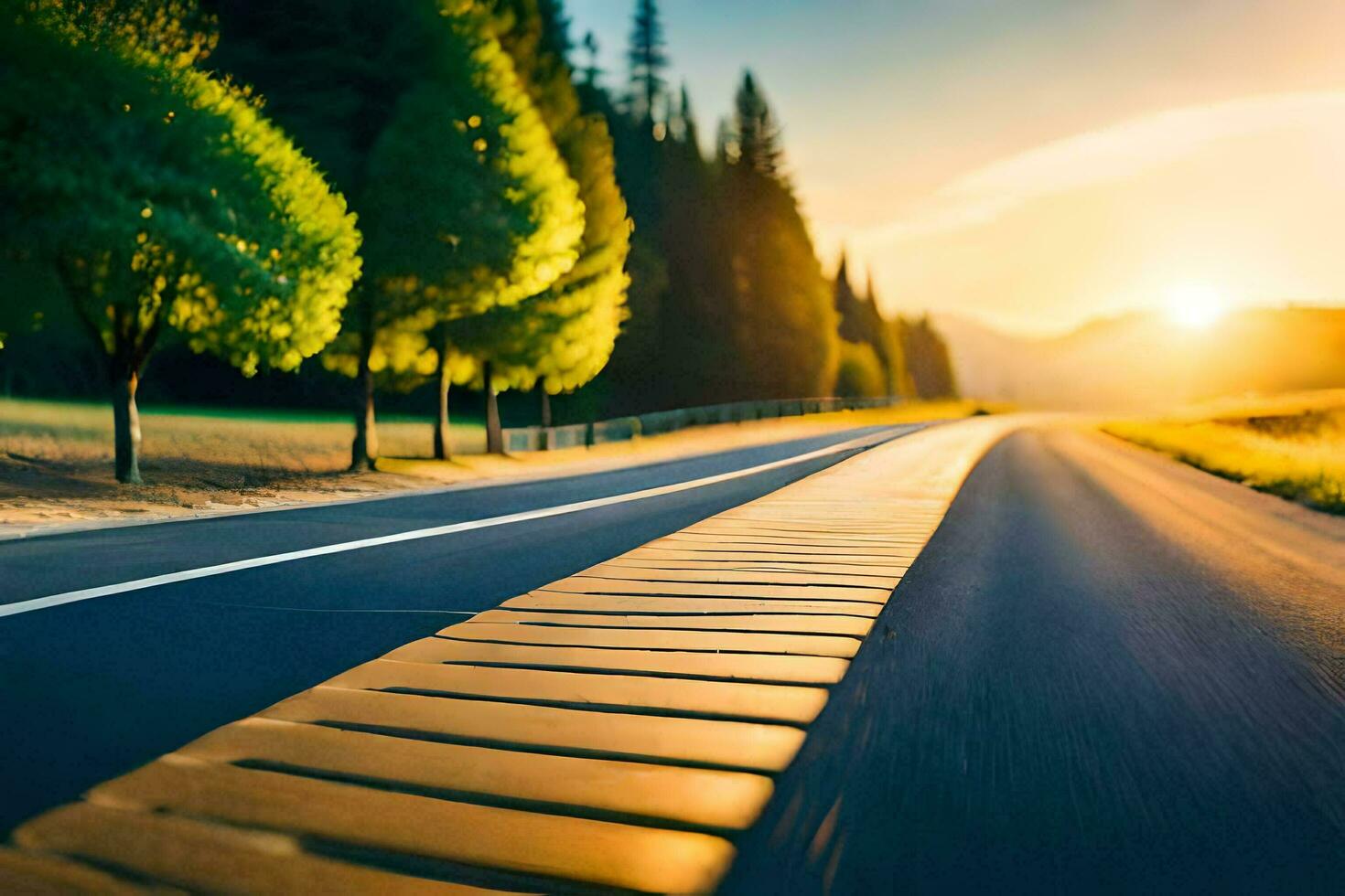 a road with trees and sun setting in the background. AI-Generated photo