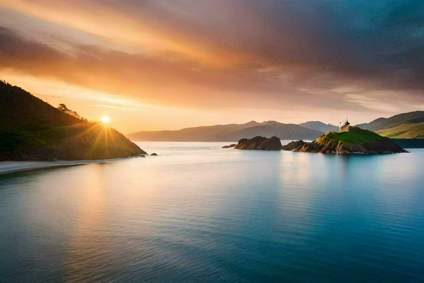 the sun sets over a body of water and a small island. AI-Generated photo