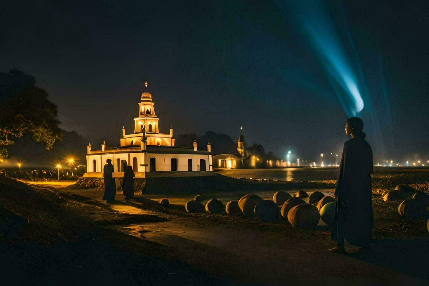 a man stands in front of a church at night. AI-Generated photo