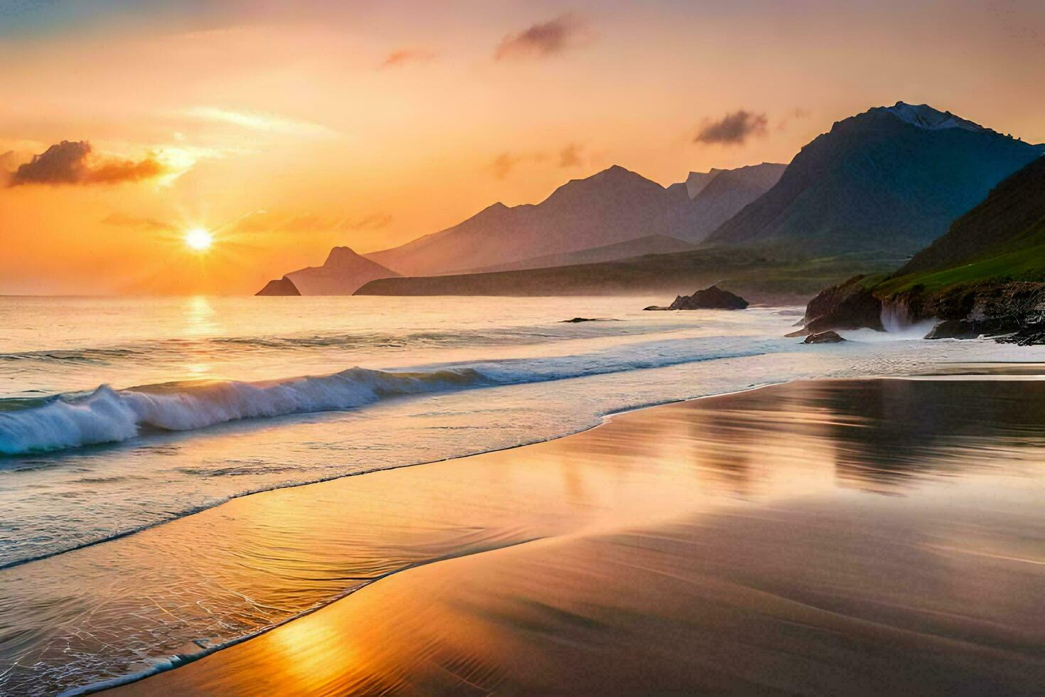 the sun rises over the ocean and mountains in this beautiful photo. AI-Generated photo