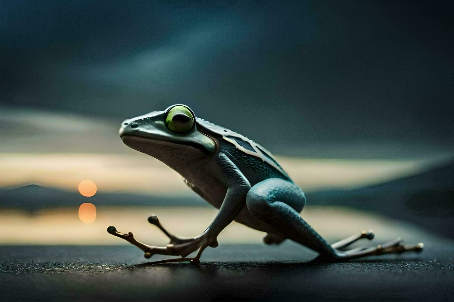 a frog is sitting on the ground with a sunset in the background. AI-Generated photo