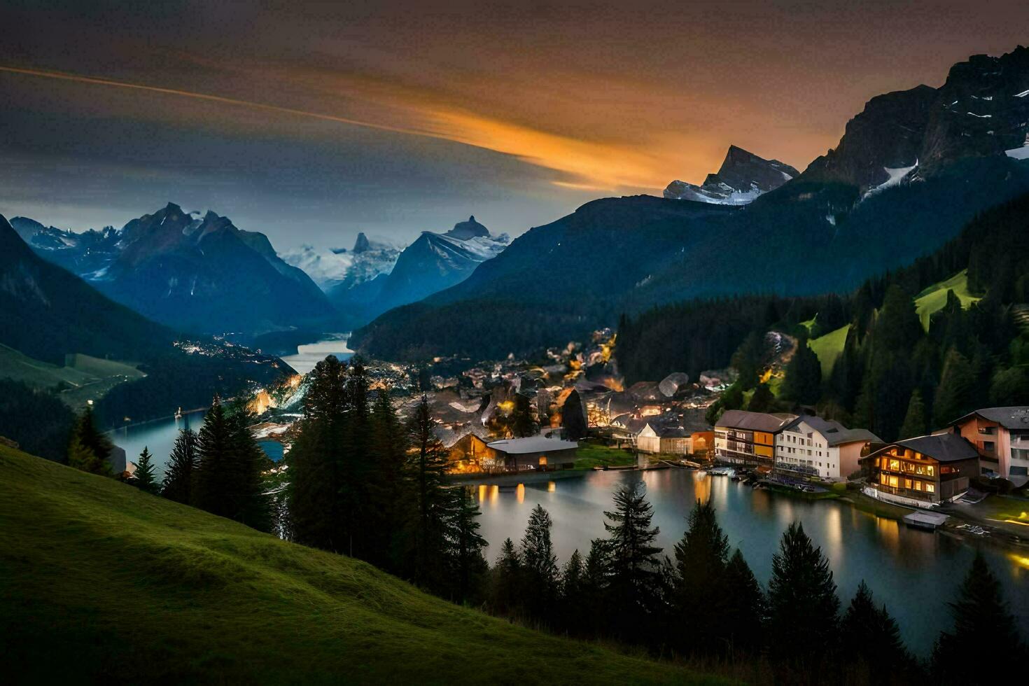 the sun sets over a lake and mountain village. AI-Generated photo