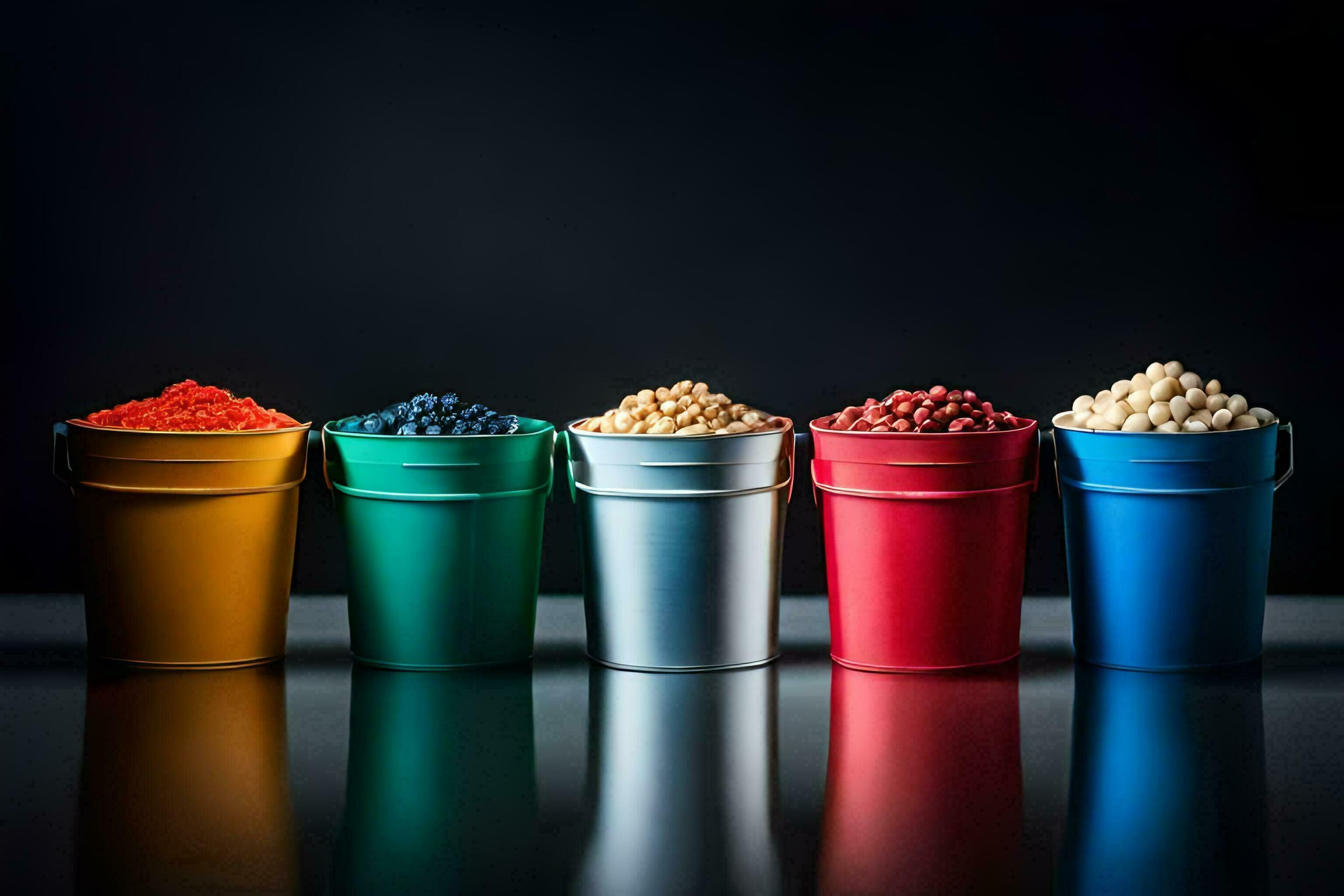 a row of colorful buckets with different types of beans. AIGenerated