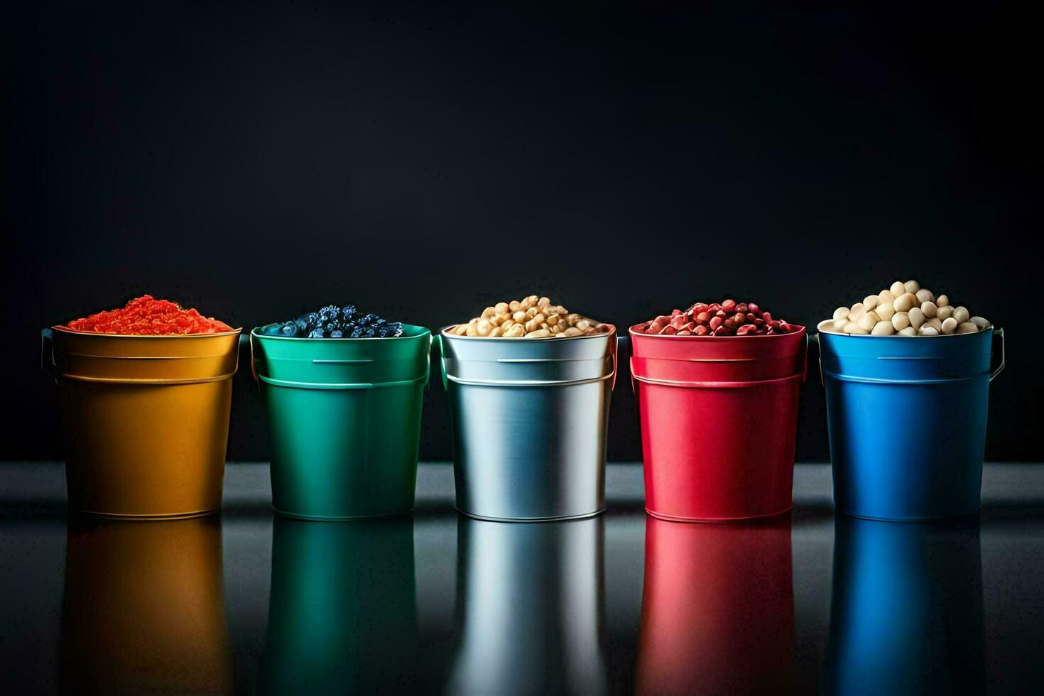 a row of colorful buckets with different types of beans. AI-Generated photo
