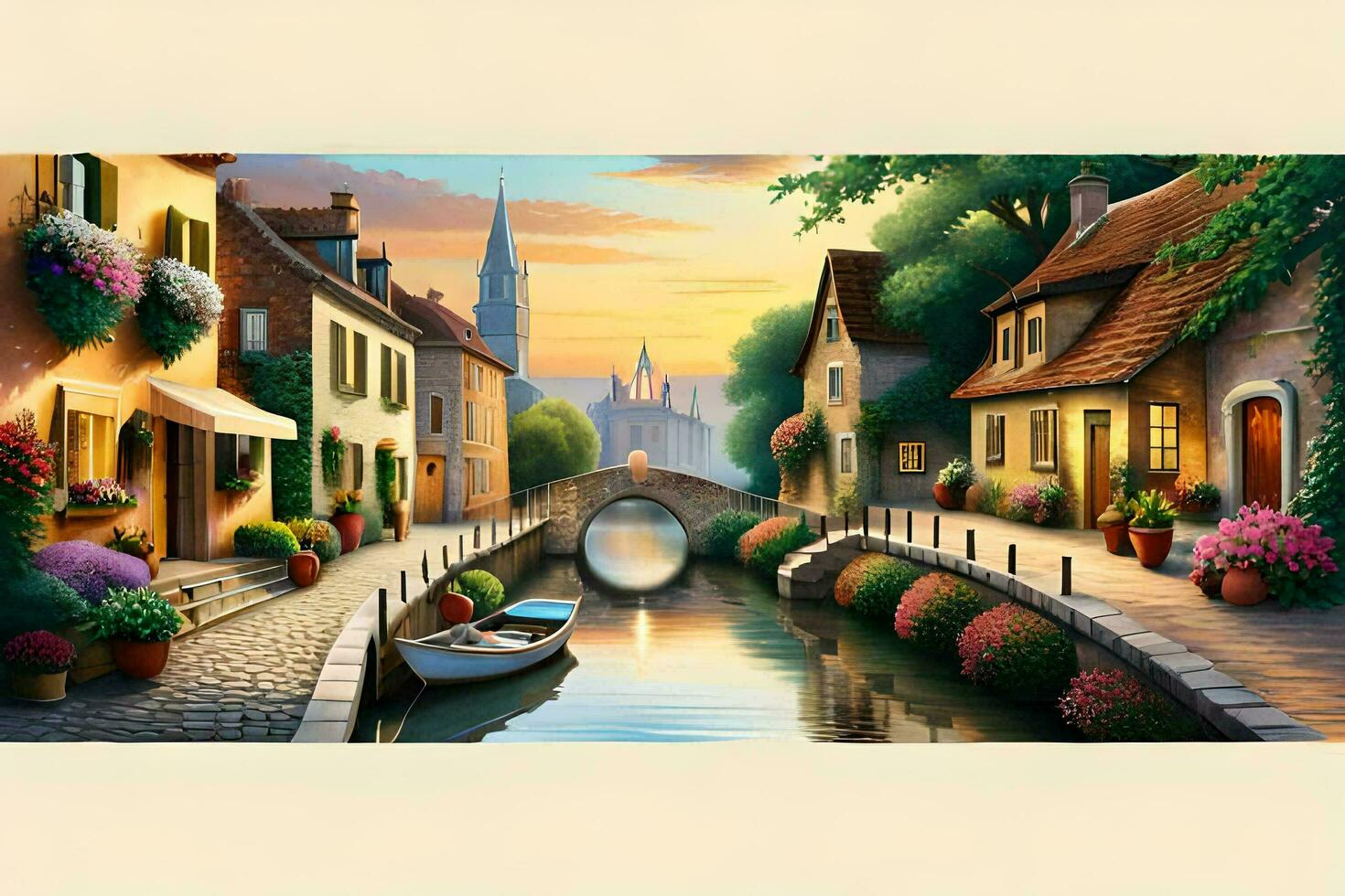 a painting of a canal in a town. AI-Generated photo