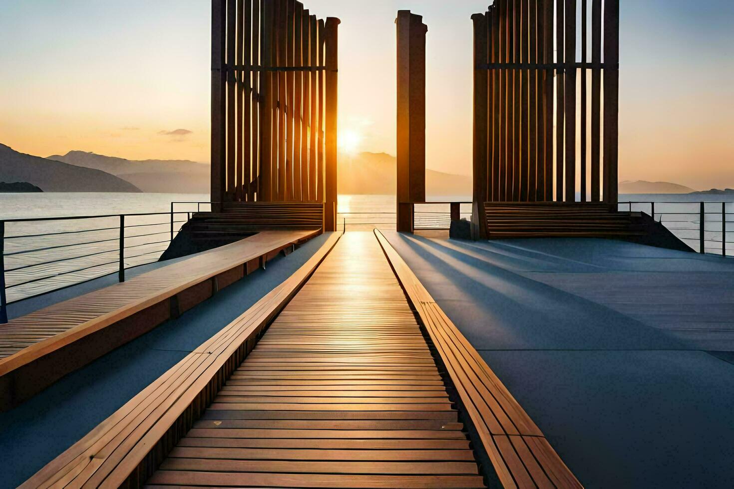 the sun sets behind a wooden walkway on the water. AI-Generated photo