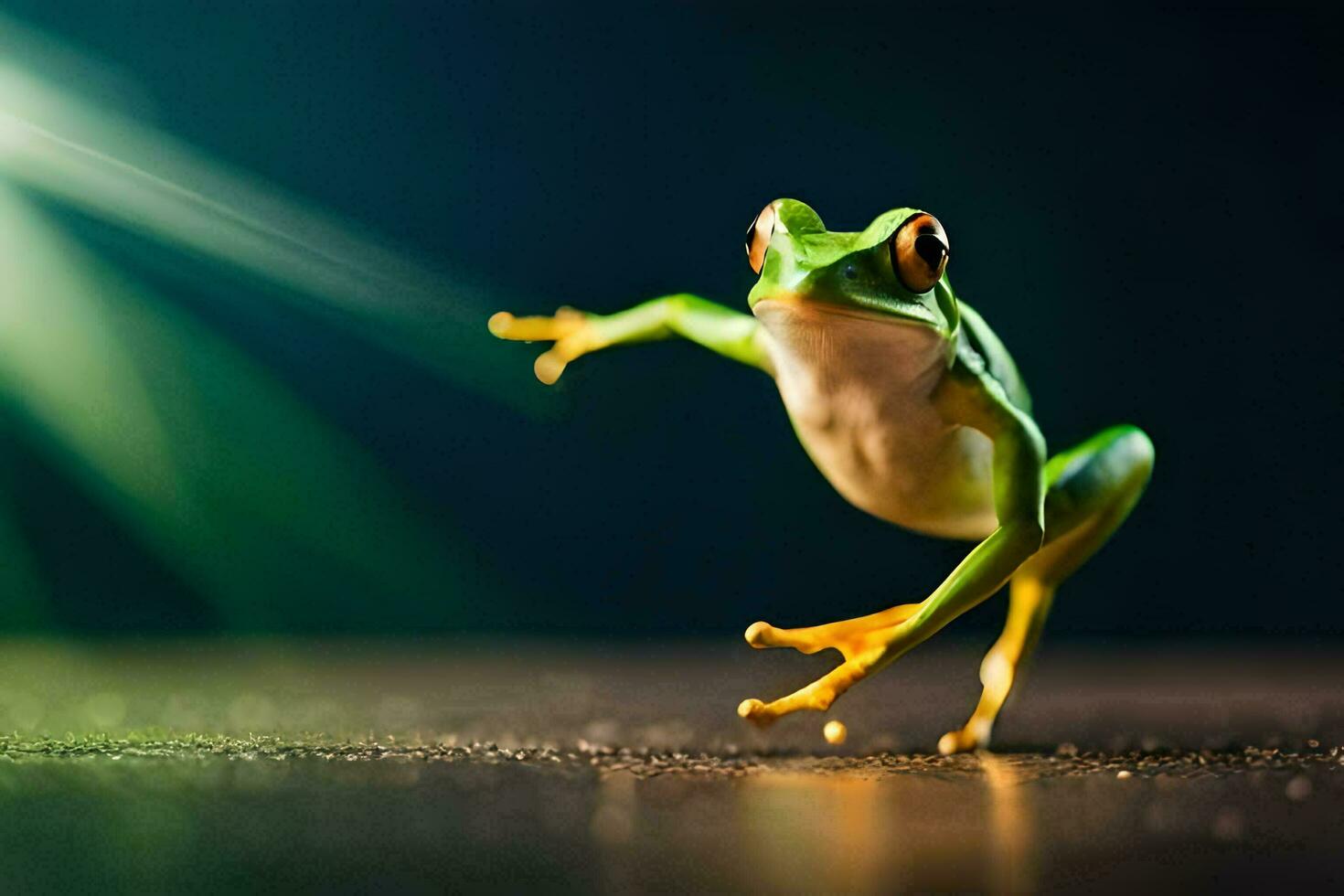 a frog jumping on a dark background. AI-Generated photo