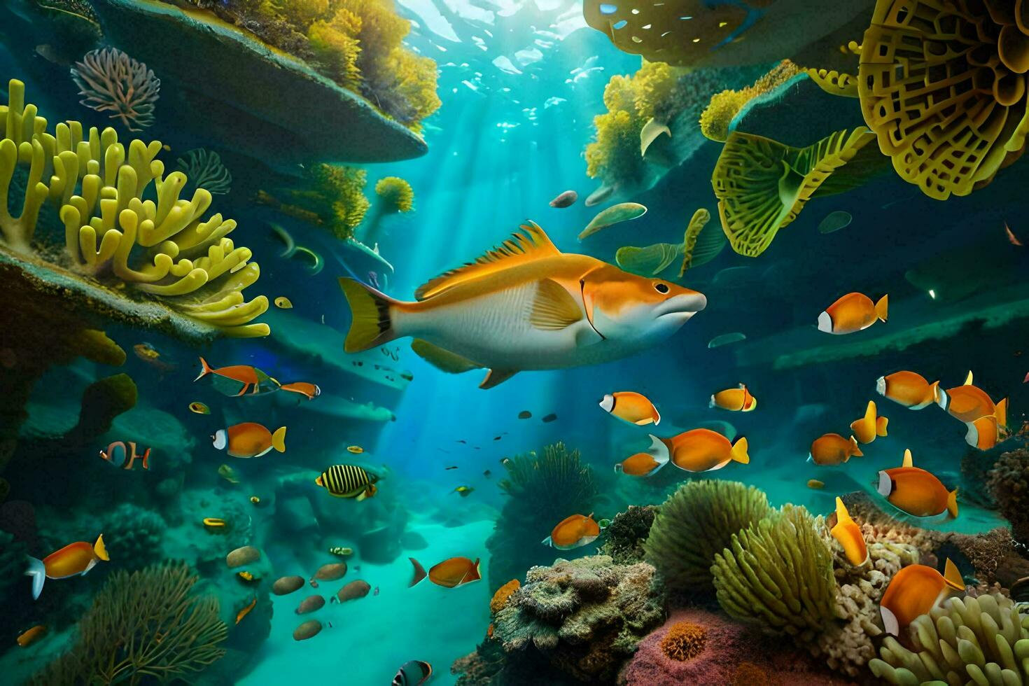 a fish swims in the ocean surrounded by coral reefs. AI-Generated photo