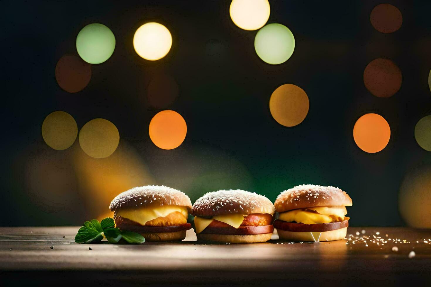 three mini burgers on a wooden table with lights in the background. AI-Generated photo