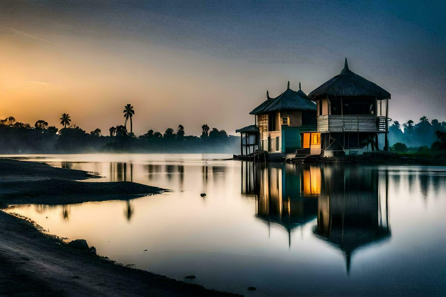 a house sits on the shore of a lake at sunset. AI-Generated photo