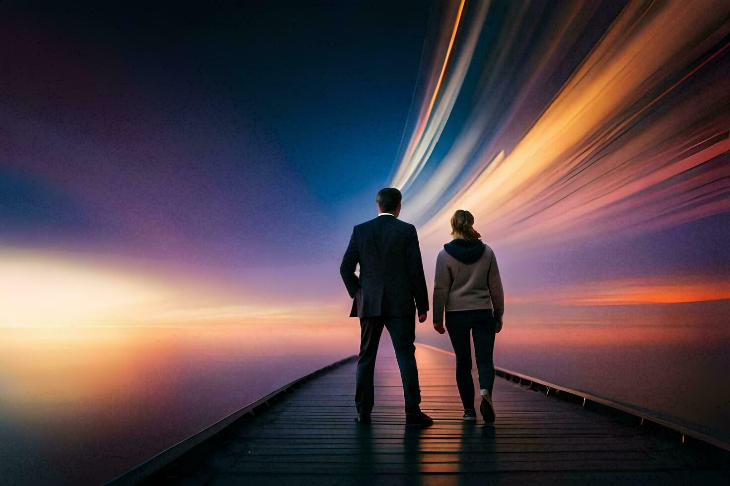 a man and woman standing on a dock at sunset. AI-Generated photo