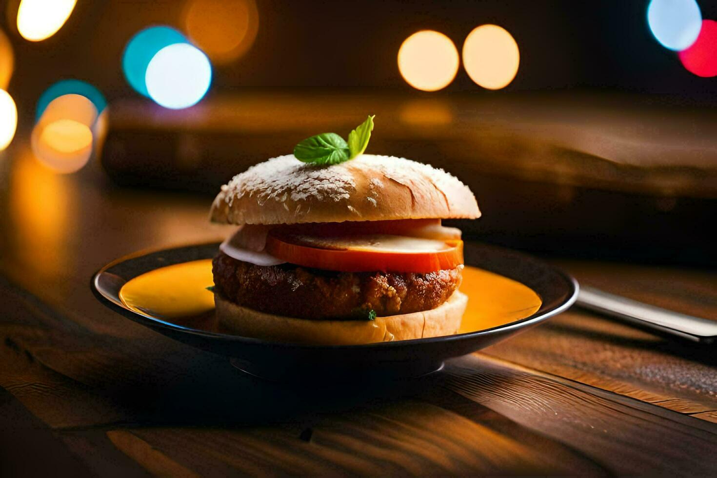 a hamburger on a plate with a knife and fork. AI-Generated photo