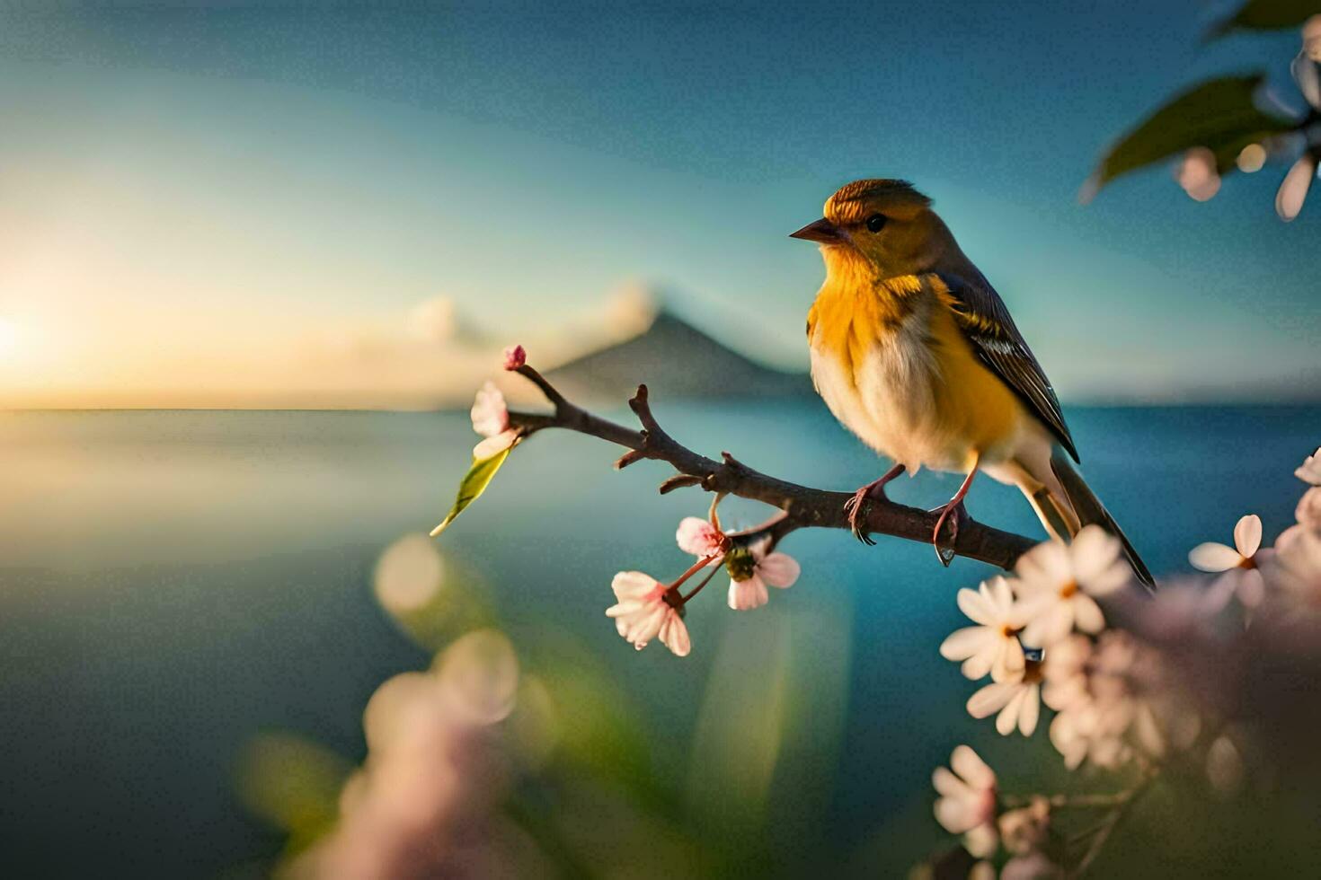 a bird on a branch with flowers in the background. AI-Generated photo